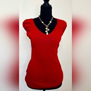 Ann Taylor LOFT Red Knit Top Cap Sleeve V-Neck Fitted Stretch Size Small